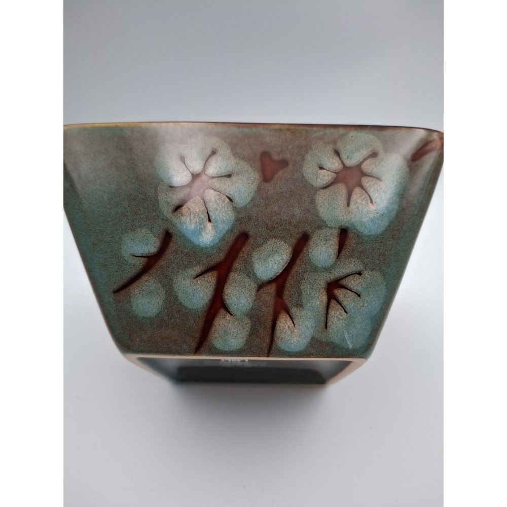 Pier 1 Tranquil 6" Square Soup Cereal Bowl Stonewear Teal Floral Brown Undertone